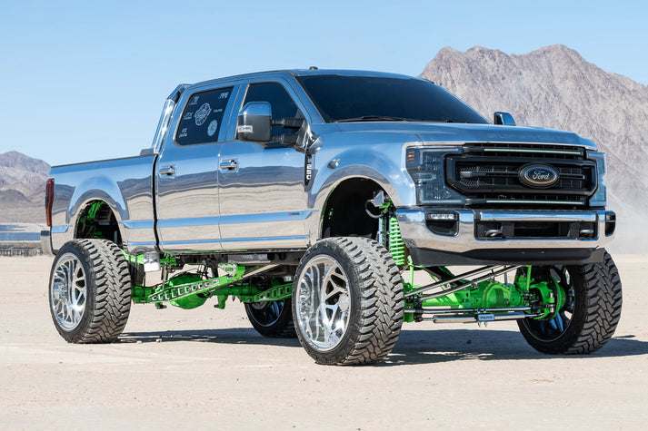 Lifted Ford F250 with custom suspension showcasing premium lift kit installation